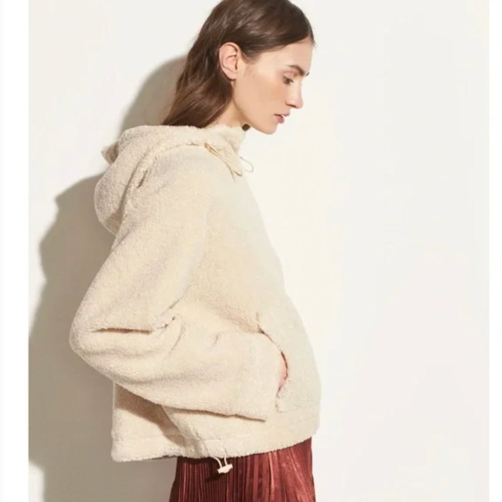 Vince $425 Cream Sherpa Oversized Hooded Pullover Jacket - Picture 2 of 10